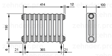Схема (чертеж) Радиатор Zehnder Charleston 3019/9 №3570 Белый глянцевый RAL 9016